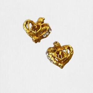 Vintage Christian Lacroix Heart Shaped Postmodern Gold Jeweled Cli On Earrings